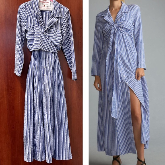 Porridge Tie-Front Shirt Dress Size Small Maxi Blue Stripped Button Front Pocket - Picture 5 of 17